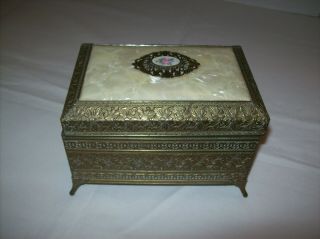 Vintage Floral Brass Footed Swiss Musical Jewelry Box Guilloche Enamel Floral