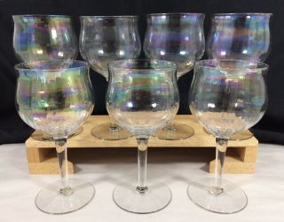 7 Vtg Iridescent Optic Glass Rainbow Luster Wine Glasses Goblets 11 Oz 6 3/4 "
