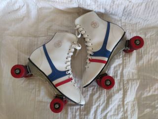 Vintage Official Roller Derby Skates White Blue Red Fireball Wheels Women 