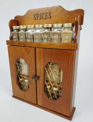 Vintage Wooden Spice Rack Cabinet And 18 Glass Jar Bottles Wall Hanging Counter