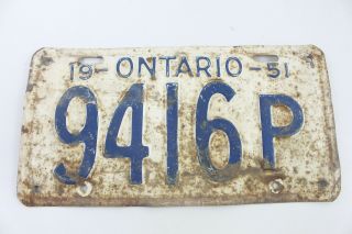 Vintage Ontario 1951 License Plate Single 9416p Canada Car Truck - N2