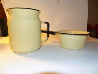 Vintage Yellow With Black Trim Enamelware Milk Pitcher & Sauce Pan