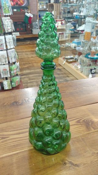 Vintage Mid Century Green Genie Bottle Decanter W/ Stopper Italy Empoli