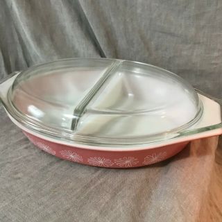Vintage Pyrex Pink Daisy Divided 2 Part Casserole Dish 1.  5 Quart With Lid