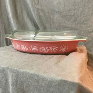 Vintage Pyrex Pink Daisy Divided 2 Part Casserole Dish 1.  5 Quart With Lid 2