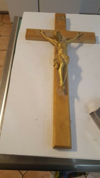 Large Vintage Brass Wood Wall Crucifix Cross Jesus Christ Religious 20 " X 10 "
