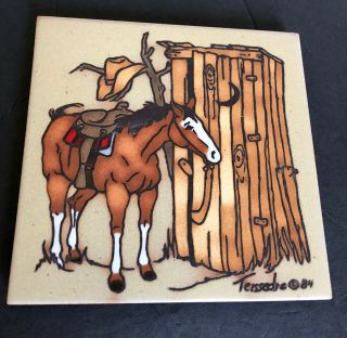 Vtg ‘84 Cleo Teissedre Hand Painted Tile Trivet Coaster Horses Cowboy Signed