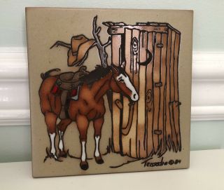 VTG ‘84 Cleo TEISSEDRE Hand Painted Tile Trivet Coaster Horses Cowboy Signed 2