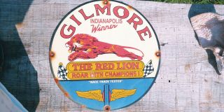 Vintage Gilmore Red Lion Gasoline Motor Oil Porcelain Sign Gas Oil Plate