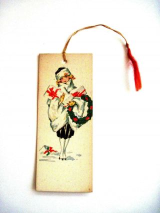 Vintage Christmas Bridge Tally W/ Woman Carrying Gifts W/ Holly Wreath