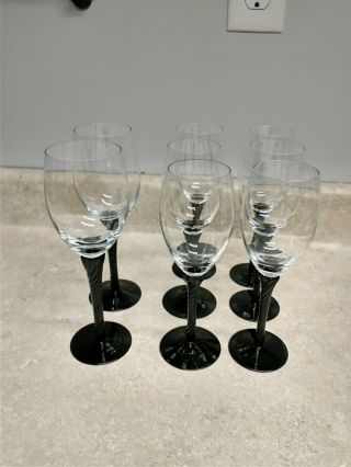Vintage Set Of 8 Black Glass Twist Stem Wine Glasses,  6 - 6oz,  2 - 8oz