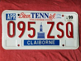 1999 Tennessee Bicentennial License Plate Claiborne 095 Zsq Red White Blue