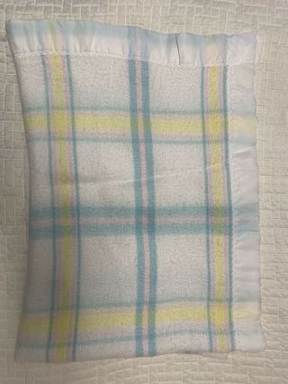 Vintage Blue Pink Yellow Stripe Plaid Acrylic Baby Blanket Nylon Trim Wpl 1675