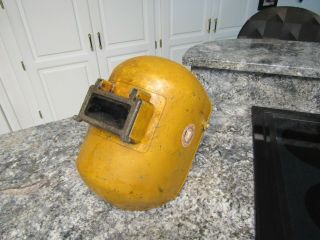Vintage Welding Helmet Hood Mask Shield Molded Yellow Fiberglass