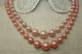 Vintage Signed Japan 2 - Strand Pink Faux Pearl Plastic Beaded 17 " Necklace C1