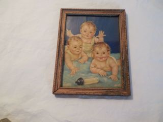 Vintage Small Three Babies W/bottle Print In Wood Frame