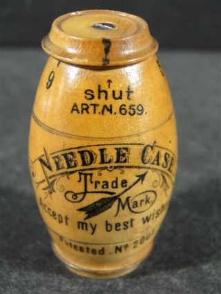 Vintage Needle Case Germany Wood Patented No 2001 Accept My Best Wishes Barrel