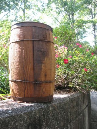 Rustic Vintage Wood Keg (nail Keg?) With Metal Band,  Wire Rims,  17 " Tall,  Decor