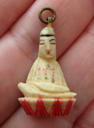 Vintage Carved & Hand Painted Buddha Bracelet Charm Fob Pendant
