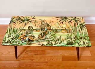 Vtg 60s Mid - Century Mod African Scene Jungle Room Hand - Ptd Acrylic Table Italy