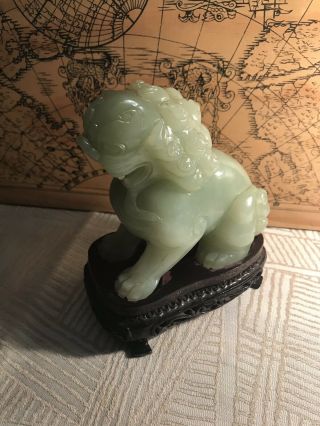 Vintage Green Foo Dog Lion Stone With Wooden Base -