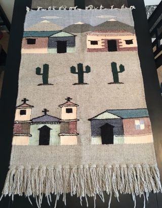 Vtg Wool Woven Weaving Southwest Wall Hanging Cactus Desert Village Gray Pink