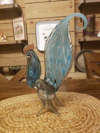 Vintage Murano Art Glass Rooster Statue Figurine Hand Blown Aqua Blue