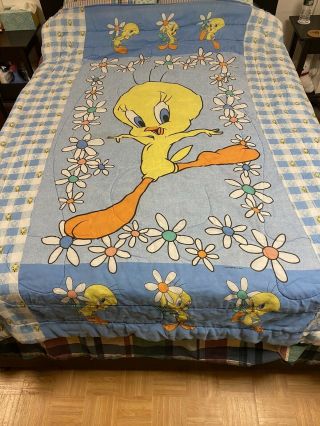 Vintage 1998 Looney Tunes Tweety Bird Bed Comforter 57 " X 85 " Blue & White