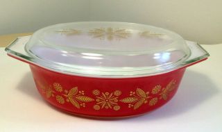 Vintage,  Pyrex Golden Poinsettia Red Oval Lidded Casserole Dish 045 2 1/2 QT 2