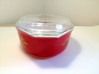 Vintage,  Pyrex Golden Poinsettia Red Oval Lidded Casserole Dish 045 2 1/2 QT 3