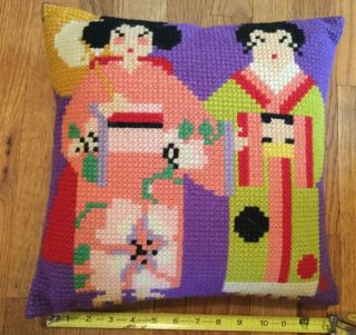 Vintage Handmade Needlepoint Decorative Throw Pillow Geisha Japanese Motif