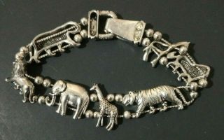 Vintage African Animals Silver Tone Bracelet Elephant Giraffe Tiger Lion Shiny