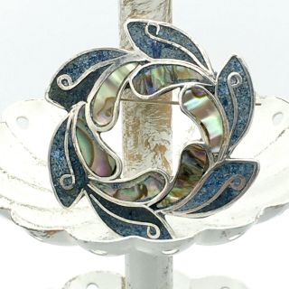 Sterling Abalone Wreath Pin Or Pendant - Vintage Silver Shell Stone Inlay Brooch