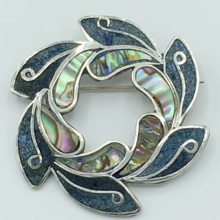 STERLING ABALONE wreath pin or pendant - vintage silver shell stone inlay brooch 2
