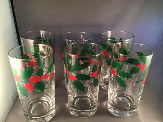 Vintage Set Of 6 Christmas Holly Holiday Glassware Tall Drinkware Tumbler