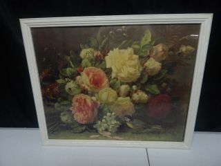 J Robie Fragrance In Bloom Flowers Bouquest Framed Picture Vintage 21 " X 18 "