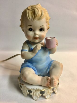 Vtg Lefton Baby Boy In Blue Figurine/nightlight Holding Cup Kw3499 6.  5”