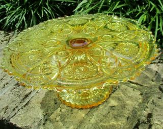 Vintage Imperial Glass Yellow Pedestal Cake Stand Hobstar And Arches Signed