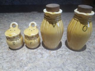 Vintage Vinegar Oil Salt Pepper Shaker Ceramic Japan Matching Set Pot Rope