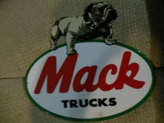 Vintage " Mack Trucks " W/ Die - Cut Bulldog 11 " Baked Metal Gasoline & Oil Sign Gas