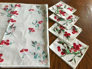 Vintage Cherry Design Wilendur Tablecloth & Napkins 47 X 50 4 Napkins Mcm