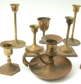 Set Of 7 Brass Candlesticks Various Sizes Drip Catcher Finger Footed Vintage