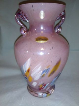 Vintage Hand Blown Murano Glass Millefiori Vase Applied Handles Italy Pink/multi