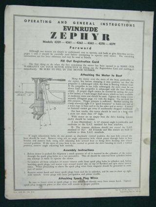 Vintage Evinrude Zephyr Operating & Instructions Models 3559 Thru 4379