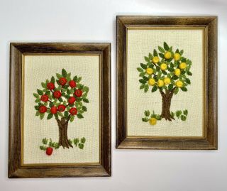 Pair 2 Vintage Framed Handmade Crewel Apple Lemon Tree Embroidery Pictures Mini