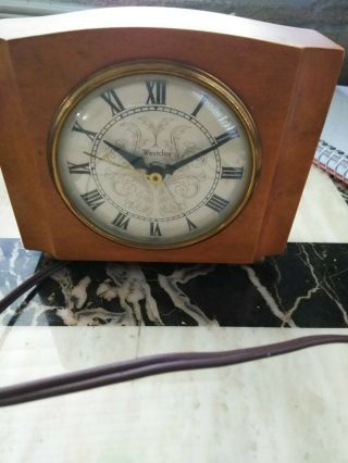 Vtg Mid - Century Modern Teak Wood Westclox Boomerang Alarm Clock
