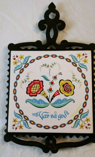 Vintage Swedish Cast Iron Trivet Tile " Var Sa God " Ceramic Floral Flower Japan