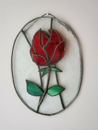 Vintage Leaded Stained Glass Suncatcher Red Rose W/ Green Leaves 9” Oval