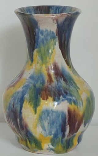 Multi - Color Drip Glaze Vintage Pottery Vase Handmade Thrown Green Blue Yellow