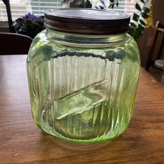 Vintage Large Uranium Green Glass Ribbed Depression Ware Jar Lid 8 " X 6 - 1/2 "